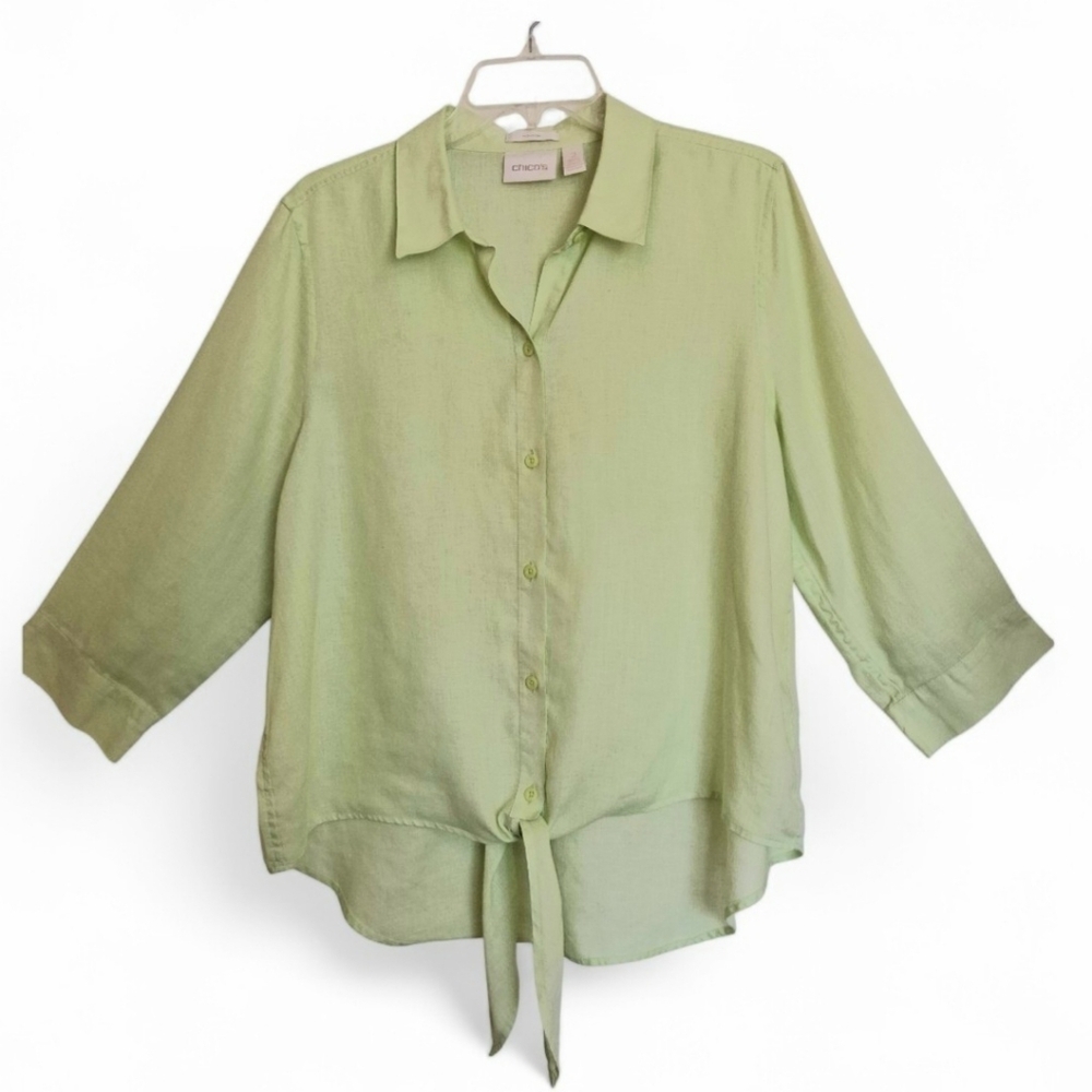 Chico's No Iron Linen Tie-front Blouse Top Button Down Celery Green Sz US 12